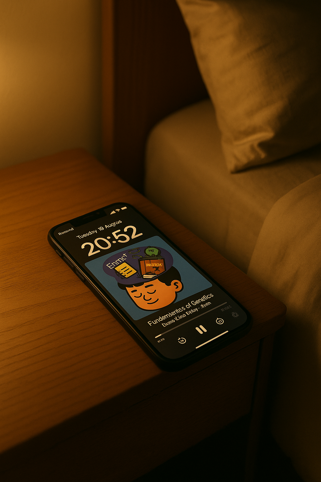 Hypnopedia app playing educational content on bedside table at night